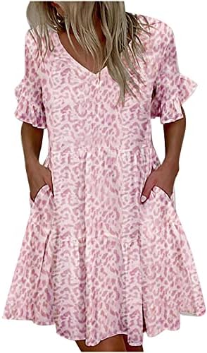 Женски Летен Лежерен Лабав Цветен Возбудлив В-Врат Џебен Фустан За Печатење Со Кратки Ракави Мини Фустани За Жени 2022