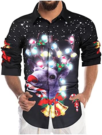 XXBR Божиќни кошули за мажи, смешни 3D Божиќ Дедо Мраз печатени врвови со долги ракави копче надолу за забавата, обична кошула, господа, свртете ја јака јака, големи и в?
