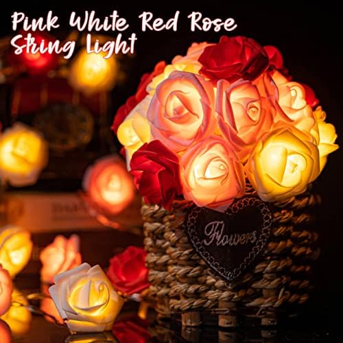 Светла со низа од розово цвеќе, 20 LED батерии управувани романтични црвени розови бели розови светла, 10 -ти вештачки цвеќиња Гарланд