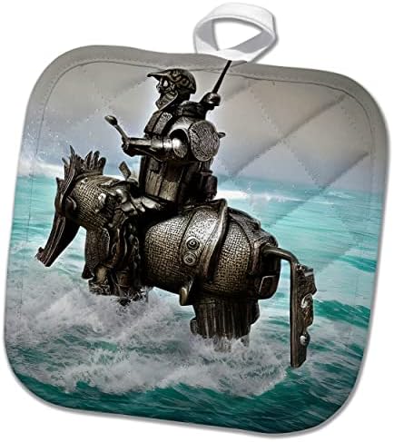 Смешен витез на 3drose - Фантастичен витез во оклоп на коњ во океанот. - Potholders