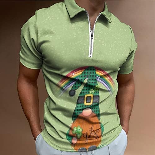 PDFBR MENS ST PARTICKS ДЕН Поло кошули Обичен 3Д дигитален принт поштенски код на вратот со кратки ракави, зелена графичка голф врвови