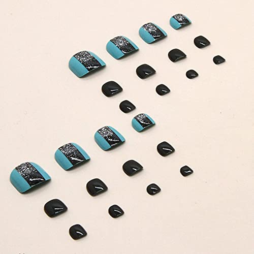 Votacos Press на нокти на ноктите на ноктите кратки плоштади 24 парчиња лажни пети со паун сини маргаритки дизајнираат црна целосна покривка