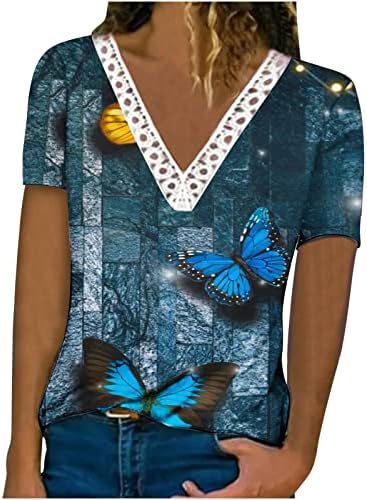 Женски летни врвови трендовски цветни печати кратки ракави маица обична чипка за чипка V вратот Туника кошули цветна печатена блуза