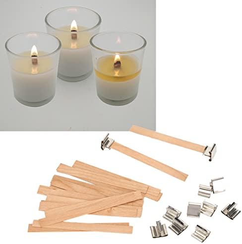 Свеќа Вик, 33 парчиња дрвени свеќи и штандови, дрвени свеќи Викс рачни занаетчиски занаети DIY Деградливи еко -пријателски чад
