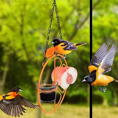 Фидер за птици Ориоле Ароил, 17 инчи виси метална фидер за птици, одвоен дизајн на садови, фидер за овошје од портокал, одлично за градина, отворено,