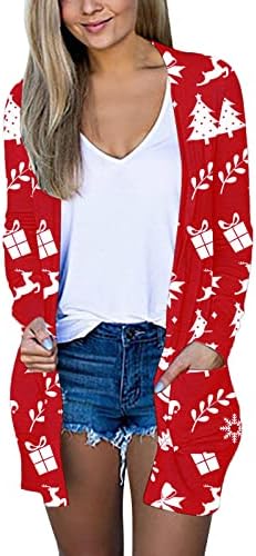 Моден Божиќен кардиган за жени отворен фронт кардиган со џебови случајни џемпери со лесен кардиган
