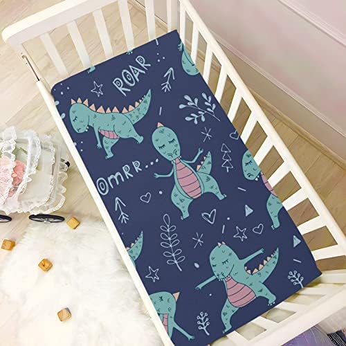 Алаза Симпатична јога диносаурус Дино морнарица сини креветчиња за креветчиња опремени листови за бебиња за момчиња бебе девојчиња дете, стандардна