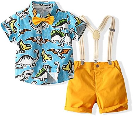 Кимокат бебе момчиња лето печатење копче надолу памук обичен хавајски кратки ракави суспендирани панталони со лак