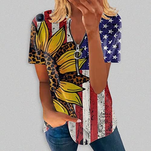 2023 година женска американска кошула со знаме половина поштеди на блузи за жени модни кратки ракави патриотски маици облечени обични