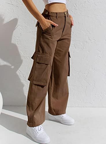 Оценка товарни панталони жени обични лабави високи половини со права нозе панталони со џебови