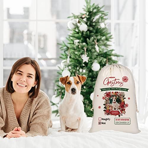 Bageyou Custom Dog Santa Sacks Симпатична fуфаундленд Санта торба за Божиќен Божиќ подарок со памучна постелнина 19,5 x31,5