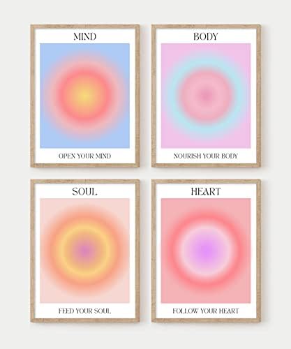 Умот на телото на душата на телото - сет за печатење на аура од 4 - постери за градиентска аура - Позитивна енергија - Шарена постер за аура