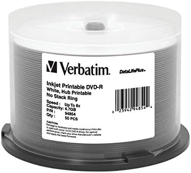 Verbatim DVD -R 4.7 GB 8x DataLifePlus Бела инк -џет печатена површина, печатење на центар - вретено од 50pk