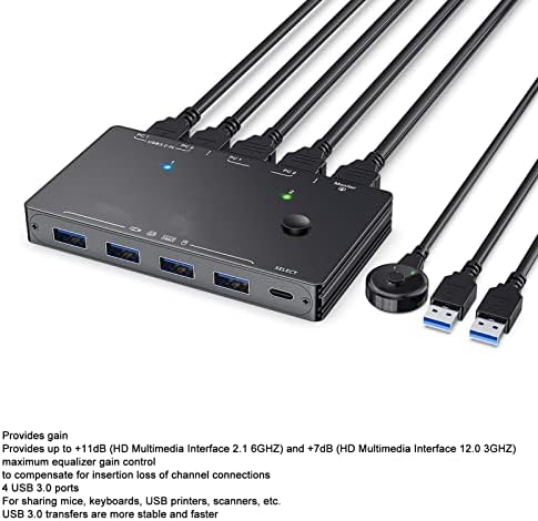 VINGVO HD Мултимедијален Квм Прекинувач, 4 Порт USB 3.0 4K 120hz Поддршка 8K 30Hz 8K HD МУЛТИМЕДИЈАЛЕН Прекинувач За Десктоп