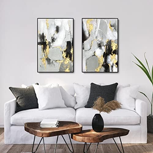 Зесоничен црн и златен апстрактен wallид -арт декор - 2 пакет 16 x 24 црно -бело платно wallиден декор со златна фолија за дневна соба, спална