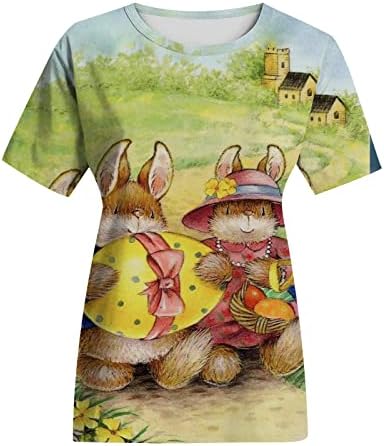 Велигденски кошули за жени кошули за зајаче, симпатична зајак графичка графичка мета летна случајна екипаж со кратки ракави со
