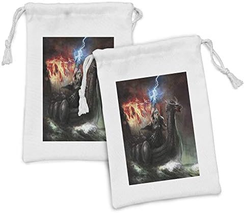 Ambesonne Fantasy светски ткаенина торбичка од 2, грмотевици во Викинг Торн брод што лебди во огнени бранови Один наратив, мала торба