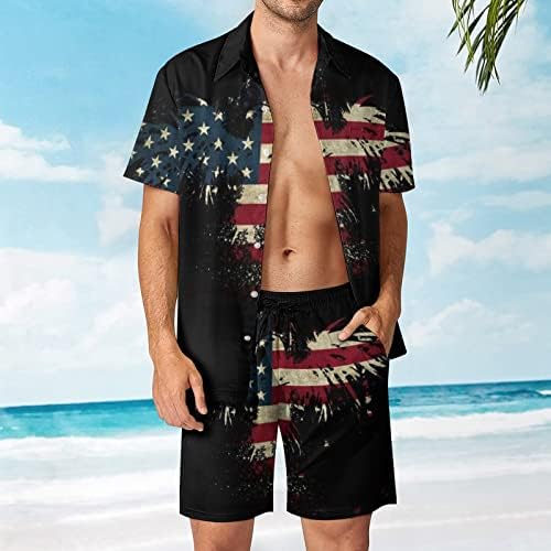 Weedkeycat American Flag Eagle Man's Man's Beach Outfits 2 парчиња Хавајско копче надолу со кошула Краток ракав и шорцеви