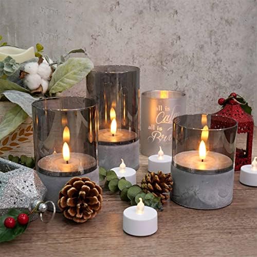 Скаирипа стакло без запаметен столб со тајмер: 3-пакувани сиви батерии управувани со свеќи со треперење пламен, зимски стакло предводени од свеќи за домашни одмори