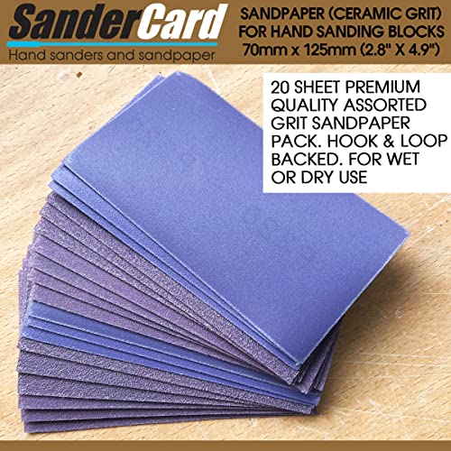 20 листови за пескава хартија за блокови за пескарење со рака, 125мм x 70мм, поткрепена со јамка, шкурка за дрво, метал и боја. Избрани фино