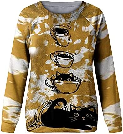 Женска екипаж, џемпер за џемпери, симпатична мачка за печатење на мачки, графичка мода есенска облека, лажичка со долги ракави, трендовски обични