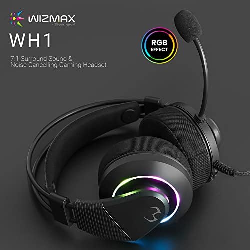 WIZMAX Компјутер Игри Слушалки WH1 - RGB USB Жичен Игри Слушалки Со Микрофон. Виртуелен 7.1 Опкружувачки Звук