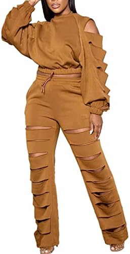 Choichic женски потта постави 2 парчиња облеки шутираат со долги ракави култури врвни панталони за панталони поставени панталони поставени