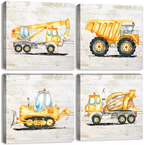 Градежен автомобил платно wallидна уметност момчиња соба украси за цртани камиони со камиони трактор за копачи на слики за момче дете во спална соба акварела симпат?