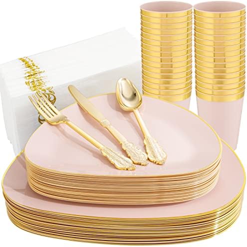 Liyh 258pcs розови велигденски пластични плочи, златни пластични плочи розови, вклучуваат 30 розови чинии за вечера, 30 розови плочи за десерт,