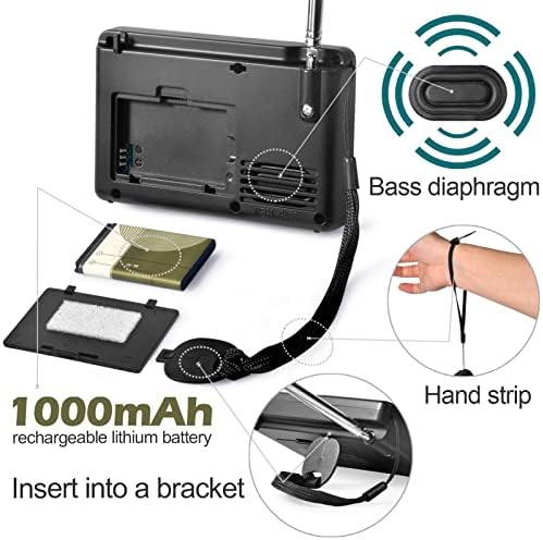ZhiWhis Portable Bluetooth Radio, FM AM Radios Radio со тајмер за спиење и претходно поставена функција, дигитален рекордер за полнење, стерео MP3 плеер со лирски дисплеј, поддршка микро SD к