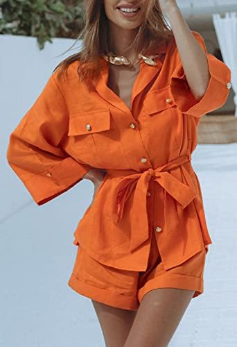 Linsery 2 Piece Linen Outfits Копче за кошула го врвот и мини шорцеви летни сетови за потс.