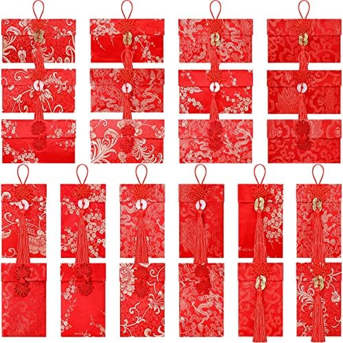 24 парчиња свилен црвен плик Кинески црвен џеб Среќа пари Хонг Бао картички за картички за пролетен фестивал Свадба Нова година роденден, 6 стилови