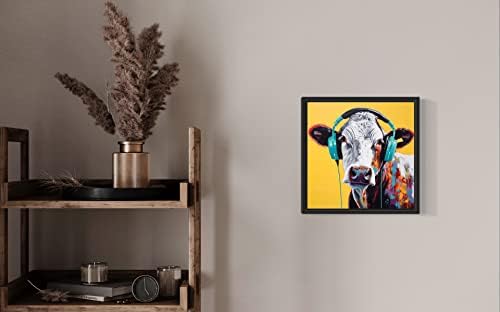 Крава со слушалки за поп -уметност постер печатење, печатење на кравјо уметности, слатки подароци за lубители на животни и декор,