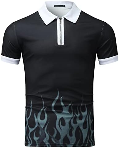 Ubst Zipper Polo кошули за мажи, летен пламен печати тенок вклопување со кратки ракави маица, свртен јака, обични голф-врвови, натпревар со