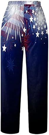 2023 памучни панталони за постелнина, 4-ти јули женски обични широки нозе лабави вклопени патриотски печатени салон за жени за жени