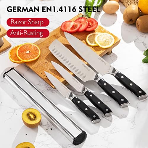 Комплетен нож за нож на професионален готвач од Лемпер 5 парчиња - 3,5-8 инчи поставени кујнски ножеви со магнетна лента за ножеви,