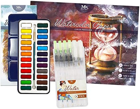 Mozart ги снабдува акварелските уметници пакет 3 артикли-24 бои лесен сет со четка и сет од 6 пенкала за четки за вода и 30 листови, 8,5 x 11 инчи, 300gsm, ладно притиснато хартија