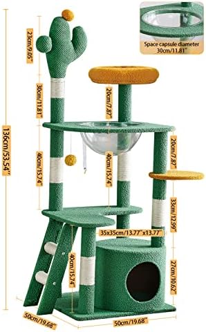 Јаруомија кактус мачка дрво Голема кула за мачки за мачки во затворен простор ， 53 инчи мулти-нивоа мебел за мачки кондо за големи мачки со вселенска капсула гнездо