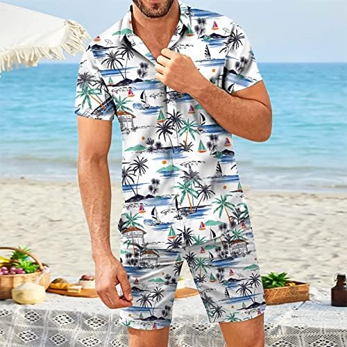 Мажите летни патеки со закопки поставени кратки шорцеви плажа обична пролет печатена ракав Менс летна кошула