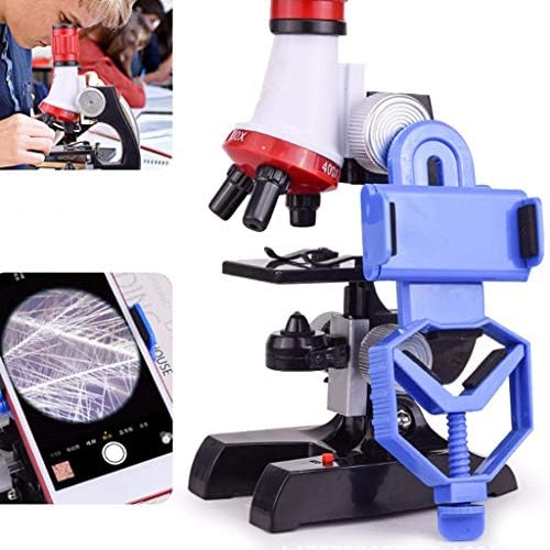 Деца посветени монокуларен микроскоп 1200x HD биолошки микроскопи со заграда за поддршка на телефон, прилагодлив агол и LED