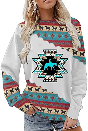 Ацтек печати џемпер за жени со екипаж облека од кукавица за западен етнички стил геометриски печатен обичен пуловер