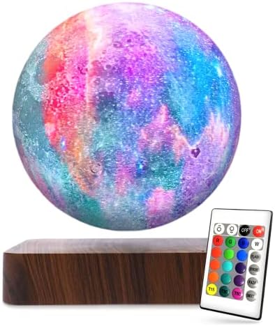 Месечината ламба, модерна баланс лебдечка галаксиска ламба, 3Д печатена галаксиска светлина со дрвена основа, месечина светло со 16 режими на бои,