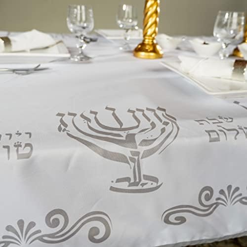 Елегантен бел и сребрен чаршав Ханука - Голема големина на правоаголник со дизајн на менора за Пасха, Шабат Шалом и еврејски фестивали -
