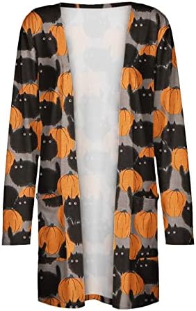 Womenените Ноќта на вештерките Кардиган 3Д графички отворени предни кардигани со долга ракав лесна надворешна облека Смешно симпатичен џемпер палто
