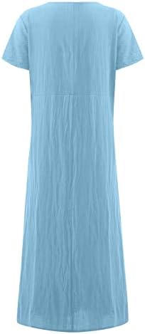 Womenените пролетна мода, женска летна обична цврста боја со кратки ракави со кратки ракави О-вратот за лабава џебна памучна постелнина