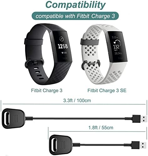 Полнач за Kissmart Компатибилен со Fitbit Charge 3, Заменски USB полнење кабел за кабел за прицврстување на лулка за полнење на Fitbit