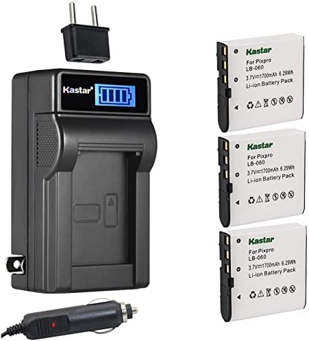 Kastar 3-Pack LB-060 Battery and LCD AC Charger Compatible with Kodak PixPro AZ526, PixPro AZ527, PixPro AZ528 HP, V5060, V5060H, V5061, V5061U,