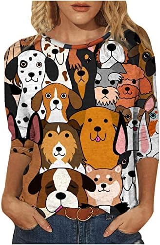 3/4 ракави маица за жени Симпатична екипаж мачка печатење блуза е врвови 2023 пролетно летни обични кошули