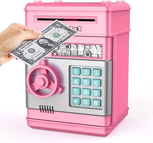 Tuseasy Piggy Bank Девојки, играчки за подароци за 5 6 7 8 9 10 -годишни деца, електронски вистински пари за парични банкоматски банкомат безбеден