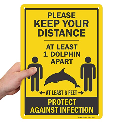 SmartSign 14 x 10 инчи „Ве молиме, чувајте го растојанието - најмалку 1 делфин, најмалку 6 стапки, заштити од инфекција“, знак, дигитално